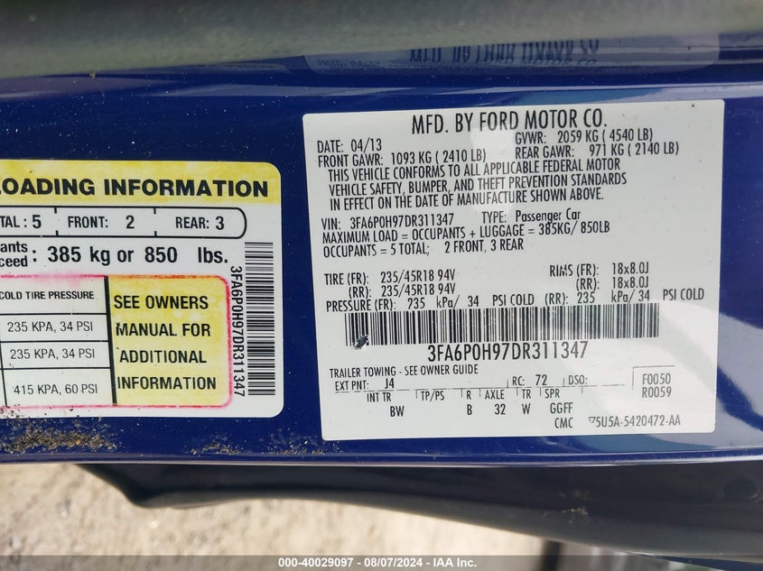 2013 Ford Fusion Se VIN: 3FA6P0H97DR311347 Lot: 40029097