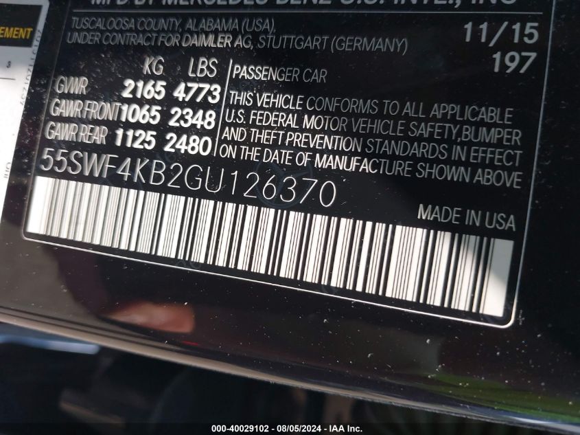 2016 Mercedes-Benz C 300 4Matic/Luxury 4Matic/Sport 4Matic VIN: 55SWF4KB2GU126370 Lot: 40029102