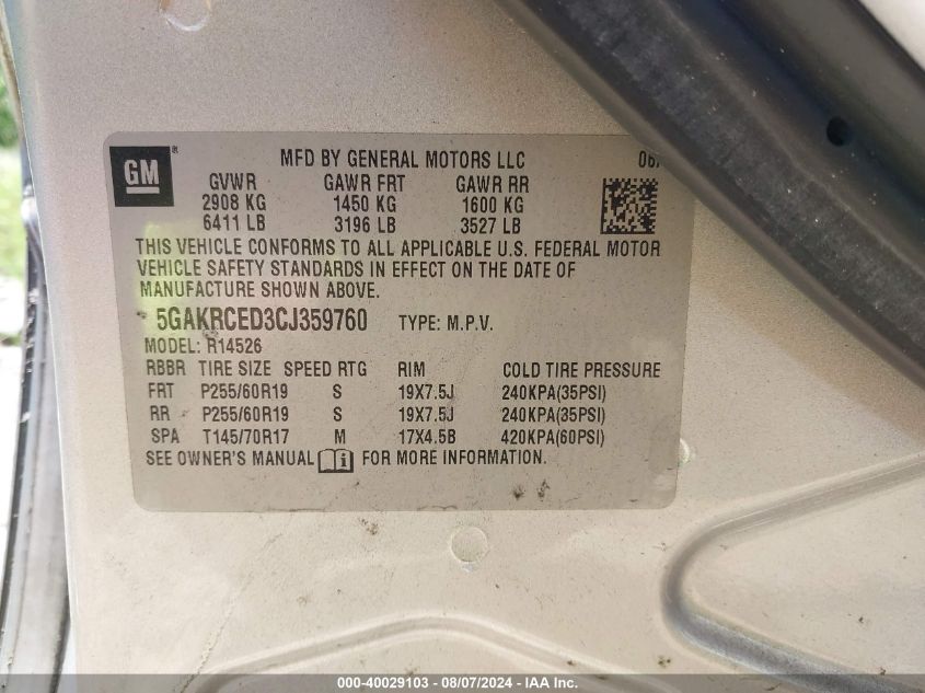 2012 Buick Enclave Leather VIN: 5GAKRCED3CJ359760 Lot: 40029103