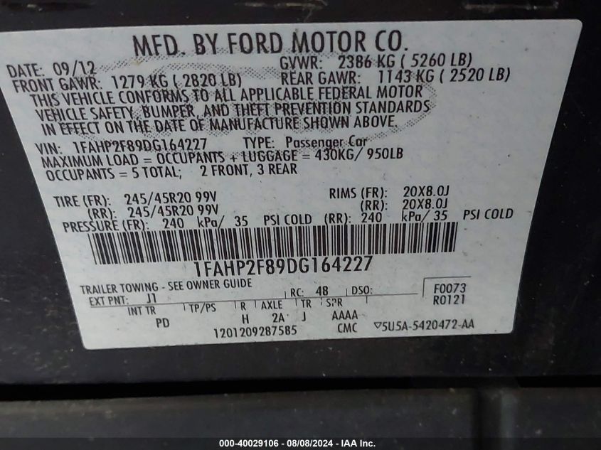 2013 FORD TAURUS LIMITED - 1FAHP2F89DG164227