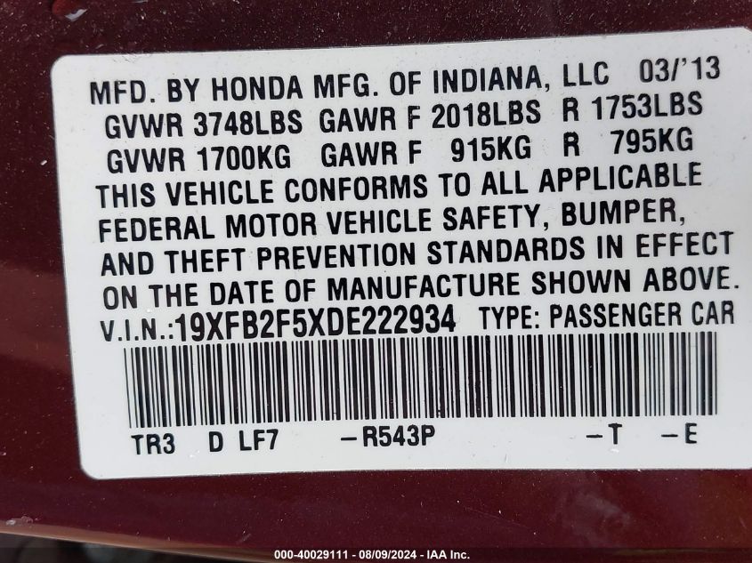 2013 Honda Civic Lx VIN: 19XFB2F5XDE222934 Lot: 40029111