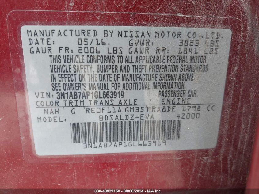 2016 Nissan Sentra Fe+ S/S/Sl/Sr/Sv VIN: 3N1AB7AP1GL663919 Lot: 40029150