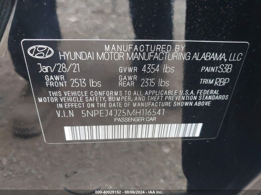 2021 Hyundai Sonata Sel Plus VIN: 5NPEJ4J25MH116541 Lot: 40029152