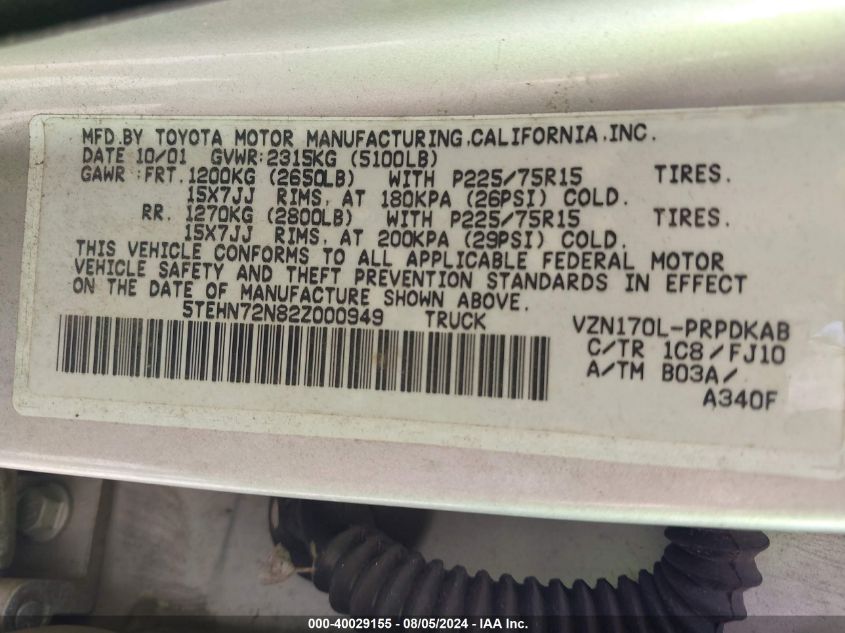 2002 Toyota Tacoma Base V6 VIN: 5TEHN72N82Z000949 Lot: 40029155