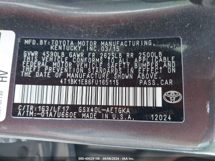 2015 Toyota Avalon Xle/Premium/Touring/Ltd VIN: 4T1BK1EB6FU165115 Lot: 40029186