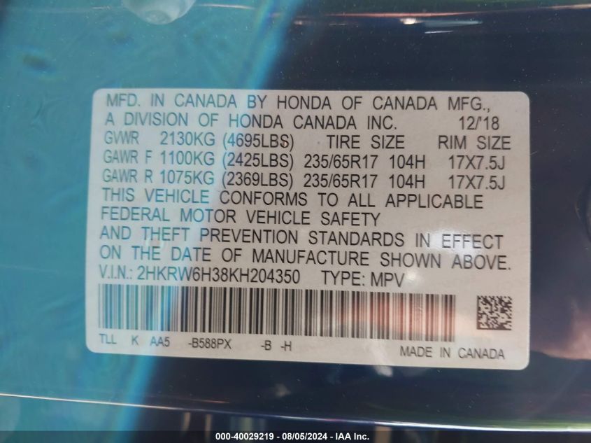 2019 Honda Cr-V Lx VIN: 2HKRW6H38KH204350 Lot: 40029219