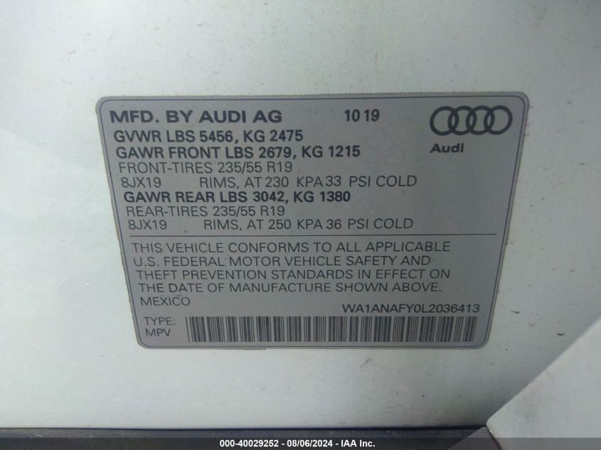 2020 Audi Q5 Premium 45 Tfsi Quattro S Tronic/Titanium Premium 45 Tfsi Quattro S Tronic VIN: WA1ANAFY0L2036413 Lot: 40029252