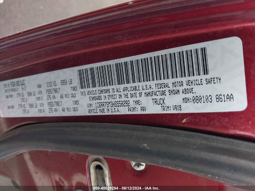 2017 Ram 1500 Tradesman 4X4 6'4 Box VIN: 1C6RR7SM3HS558292 Lot: 40029284