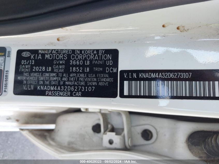 2013 Kia Rio Lx VIN: KNADM4A32D6273107 Lot: 40029323