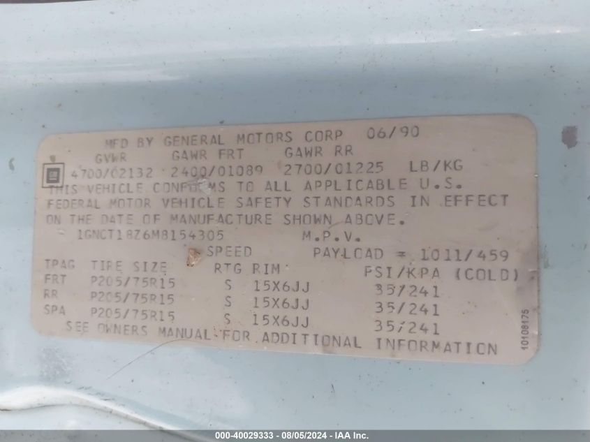 1991 Chevrolet Blazer S10 VIN: 1GNCT18Z6M8154305 Lot: 40029333