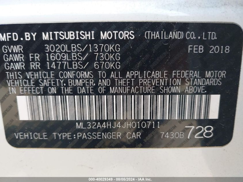 2018 Mitsubishi Mirage Se VIN: ML32A4HJ4JH010711 Lot: 40029349