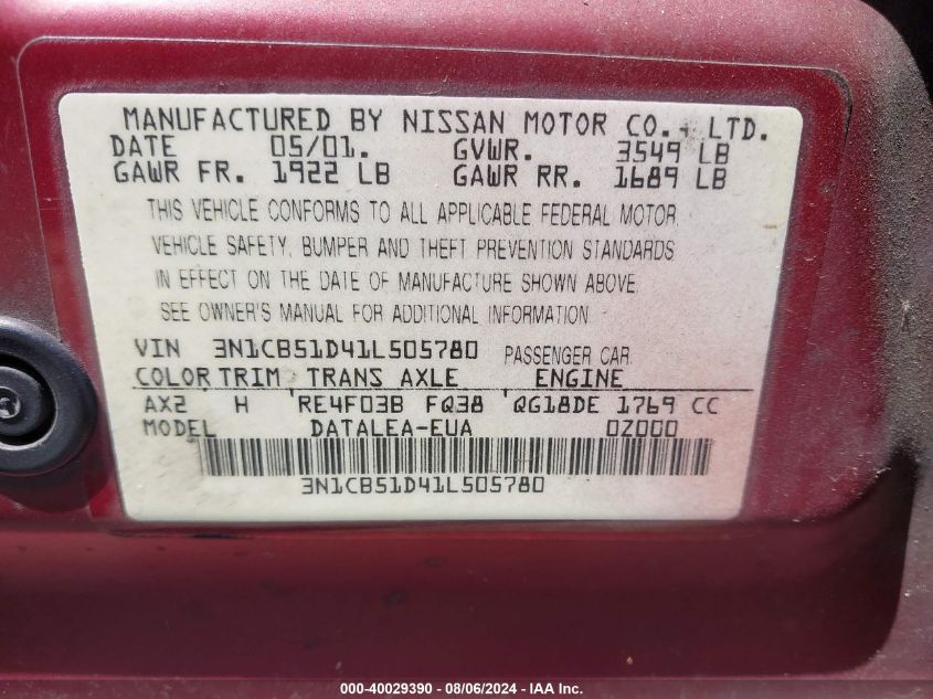 2001 Nissan Sentra Gxe VIN: 3N1CB51D41L505780 Lot: 40029390