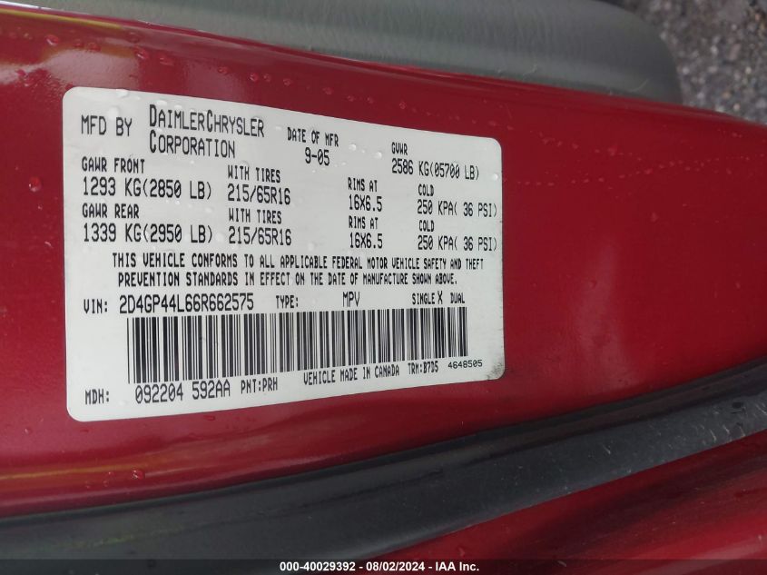 2006 Dodge Grand Caravan Sxt VIN: 2D4GP44L66R662575 Lot: 40029392