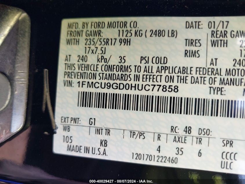 VIN 1FMCU9GD0HUC77858 2017 FORD ESCAPE SE