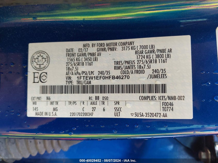 2017 FORD F150 VIN: 1FTEW1EF0HFB46270