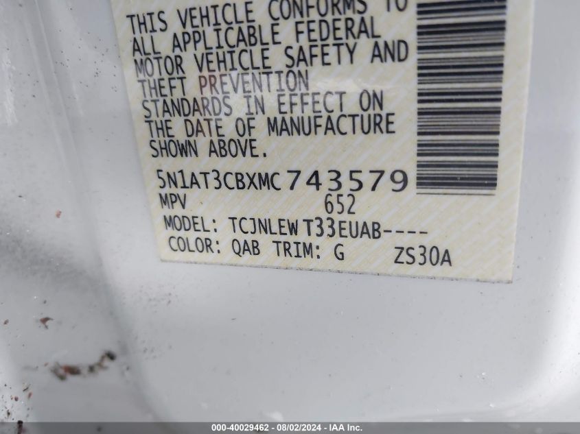 2021 Nissan Rogue Sl Intelligent Awd VIN: 5N1AT3CBXMC743579 Lot: 40029462