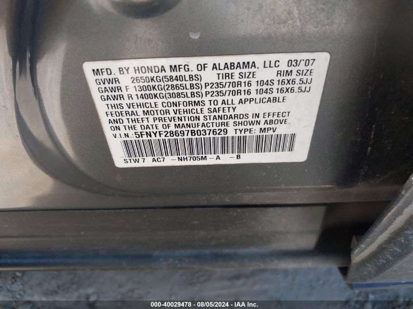 2007 Honda Pilot Ex-L VIN: 5FNYF28697B037629 Lot: 40029478