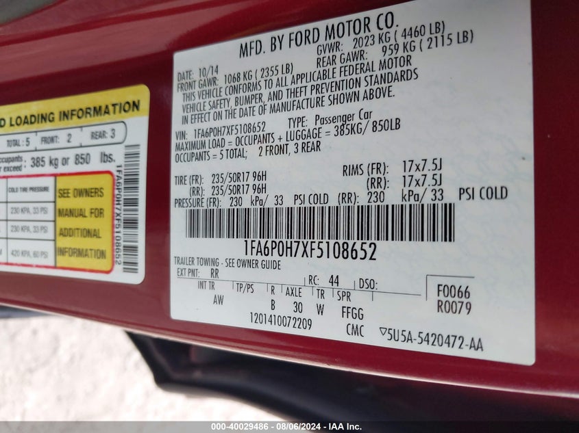 2015 Ford Fusion Se VIN: 1FA6P0H7XF5108652 Lot: 40029486