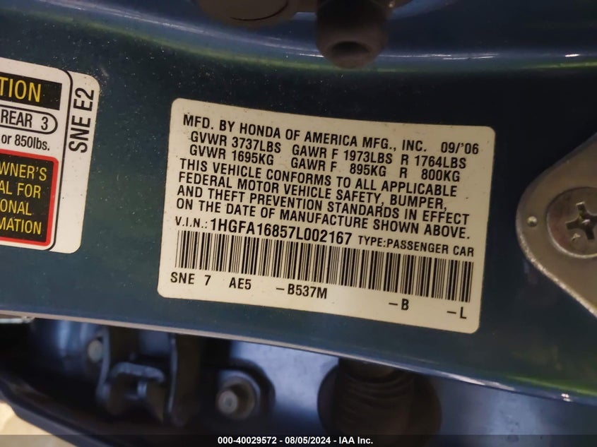 2007 Honda Civic Ex VIN: 1HGFA16857L002167 Lot: 40029572