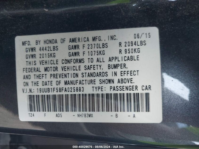 2015 Acura Tlx Tech VIN: 19UUB1F58FA025883 Lot: 40029576