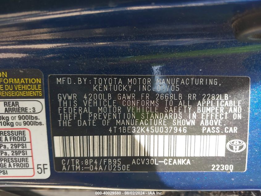 2005 Toyota Camry Le VIN: 4T1BE32K45U037946 Lot: 40029580