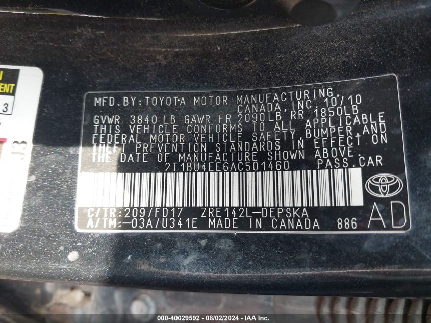 2010 Toyota Corolla S VIN: 2T1BU4EE6AC501460 Lot: 40029592