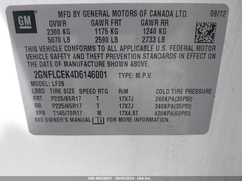 2013 Chevrolet Equinox Ls VIN: 2GNFLCEK4D6146001 Lot: 40029631