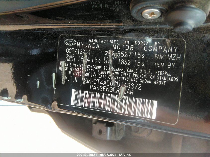 KMHCT4AE6CU143372 2012 HYUNDAI ACCENT photo no. 9