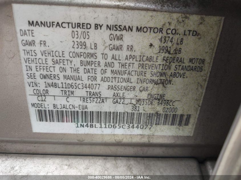 2005 Nissan Altima 3.5 Se VIN: 1N4BL11D65C344077 Lot: 40029688