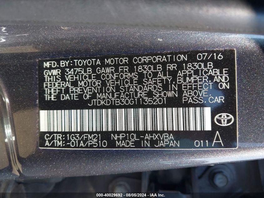 JTDKDTB30G1135201 2016 Toyota Prius C Two