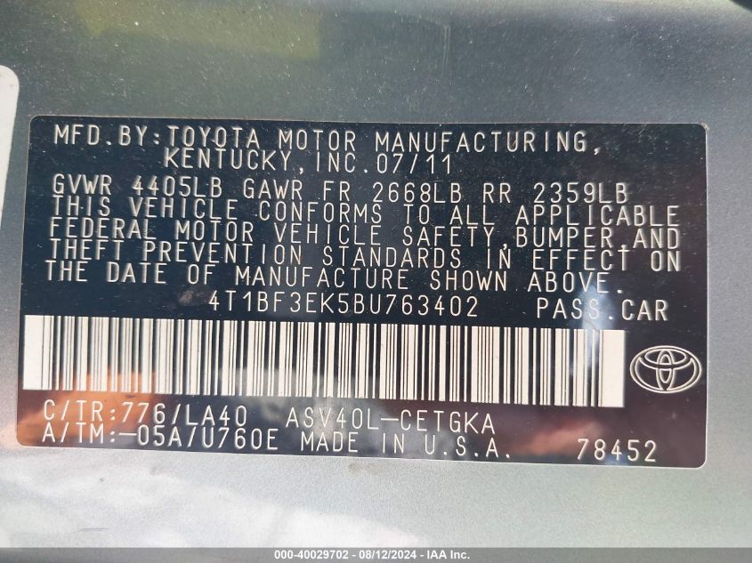 2011 Toyota Camry Xle VIN: 4T1BF3EK5BU763402 Lot: 40029702