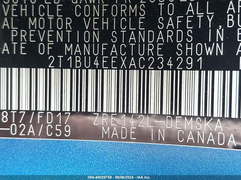 2010 Toyota Corolla S/Le/Xle VIN: 2T1BU4EEXAC234291 Lot: 40029759