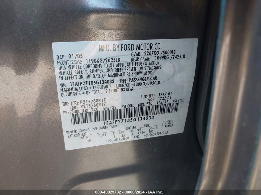 2005 Ford Five Hundred Sel VIN: 1FAFP27185G134033 Lot: 40029782