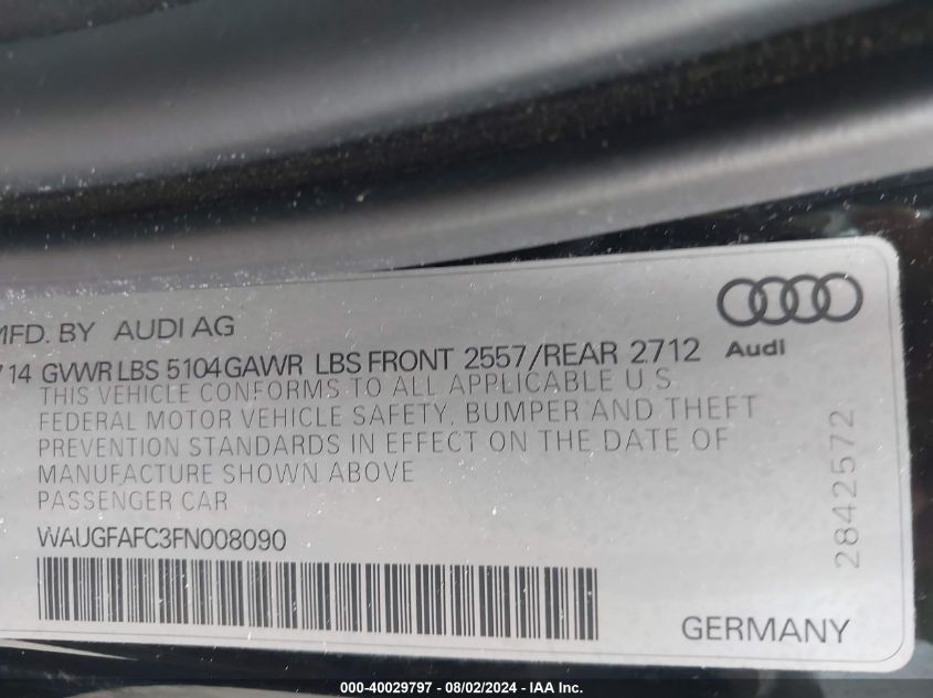 2015 Audi A6 2.0T Premium VIN: WAUGFAFC3FN008090 Lot: 40029797