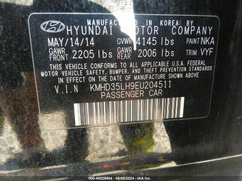 2014 Hyundai Elantra Gt VIN: KMHD35LH9EU204511 Lot: 40029804