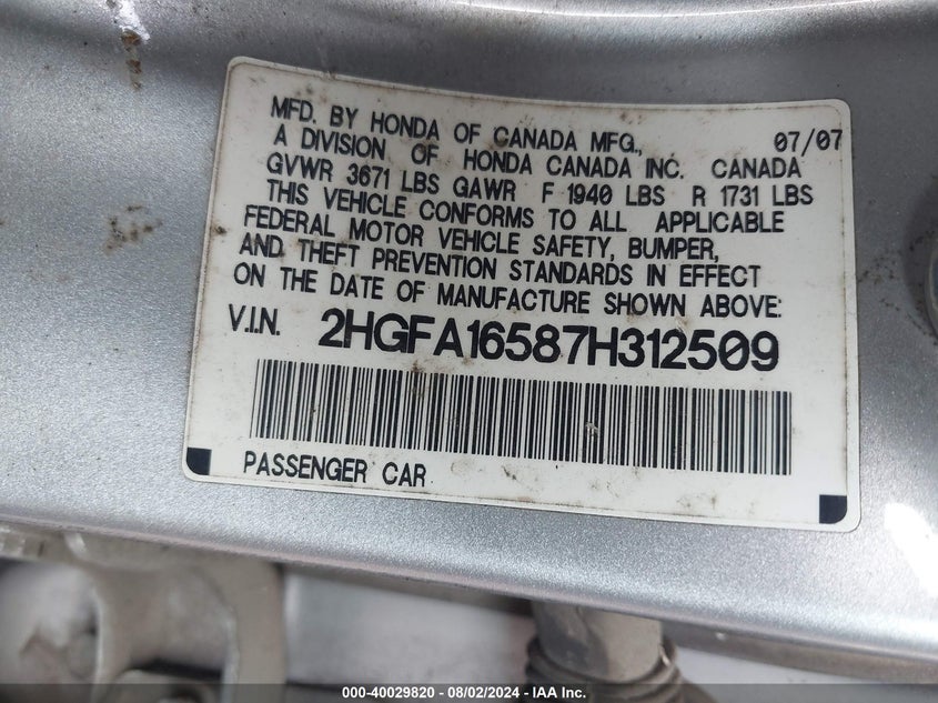 2007 Honda Civic Lx VIN: 2HGFA16587H312509 Lot: 40029820