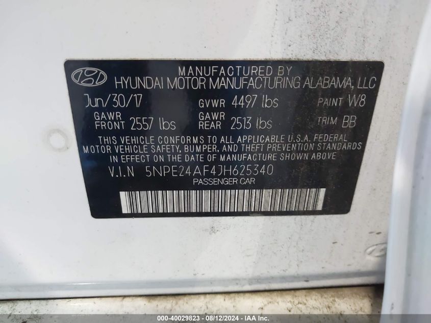 2018 Hyundai Sonata Se VIN: 5NPE24AF4JH625340 Lot: 40029823