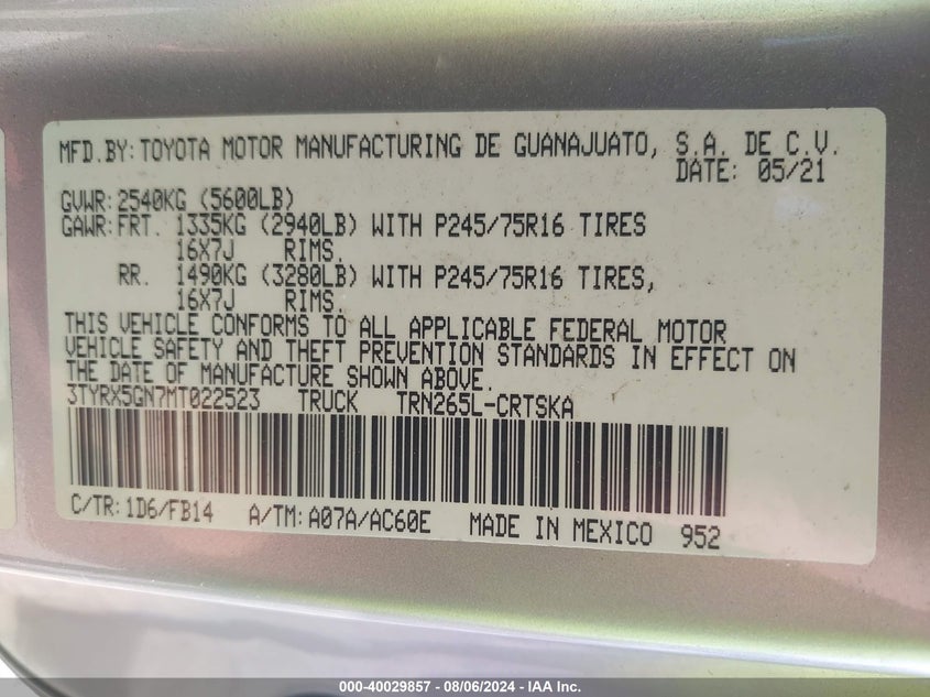 VIN 3TYRX5GN7MT022523 2021 TOYOTA TACOMA SR