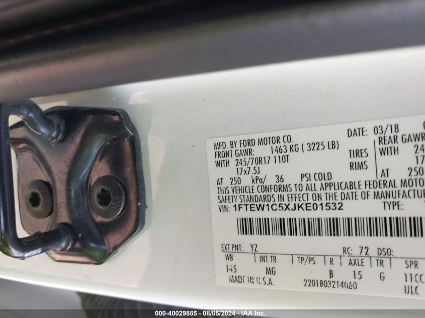 2018 Ford F150 Supercrew VIN: 1FTEW1C5XJKE01532 Lot: 40029885
