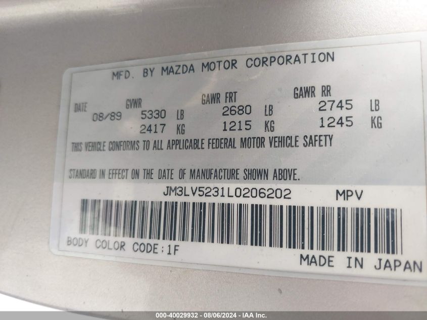 1990 Mazda Mpv Wagon VIN: JM3LV5231L0206202 Lot: 40029932