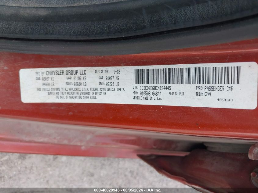 2012 Dodge Avenger Sxt Plus VIN: 1C3CDZEG8CN194445 Lot: 40029945