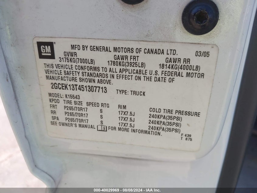 2005 Chevrolet Silverado K1500 VIN: 2GCEK13T451307713 Lot: 40029969