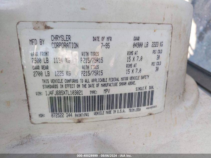1996 Jeep Cherokee Sport/Classic VIN: 1J4FJ68SXTL103021 Lot: 40029999