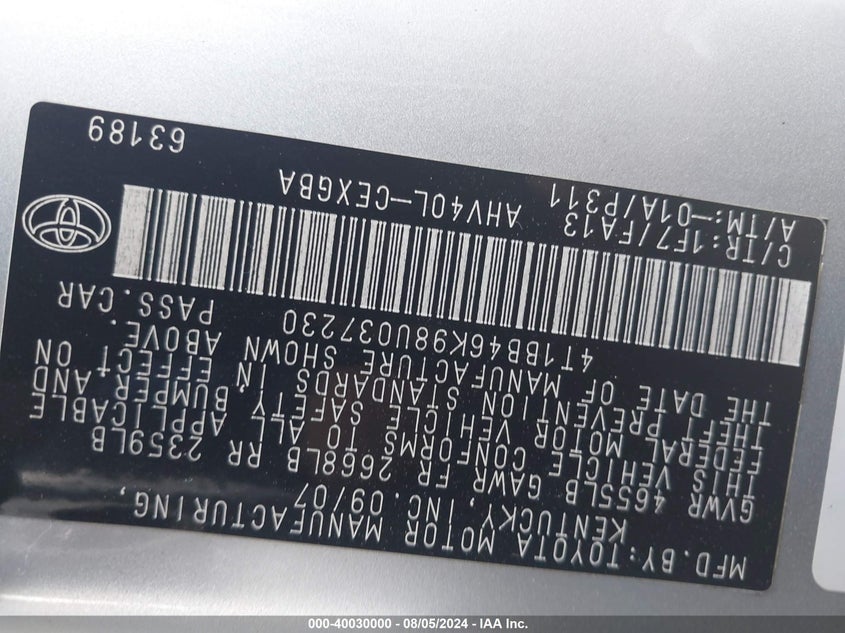 2008 Toyota Camry Hybrid VIN: 4T1BB46K98U037230 Lot: 40030000