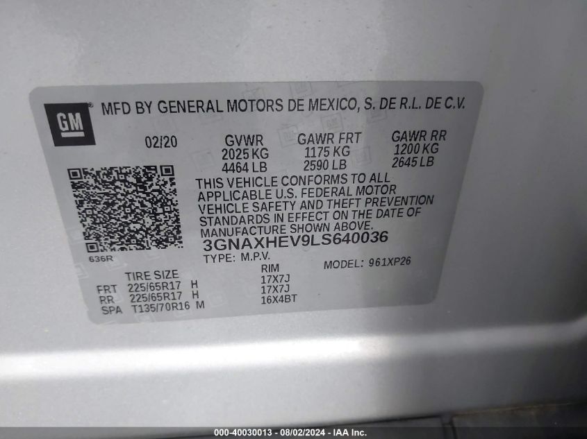 2020 Chevrolet Equinox Fwd Ls VIN: 3GNAXHEV9LS640036 Lot: 40030013