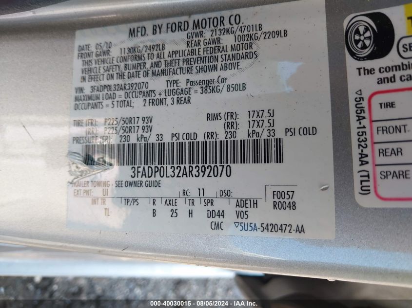 2010 Ford Fusion Hybrid VIN: 3FADP0L32AR392070 Lot: 40030015