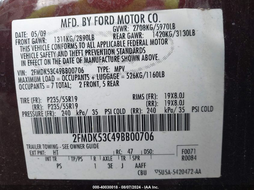 2009 Ford Flex Limited VIN: 2FMDK53C49BB00706 Lot: 40030018