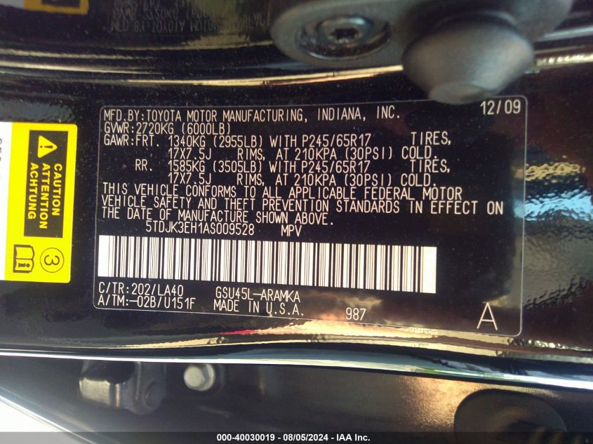 2010 Toyota Highlander Se V6 VIN: 5TDJK3EH1AS009528 Lot: 40030019