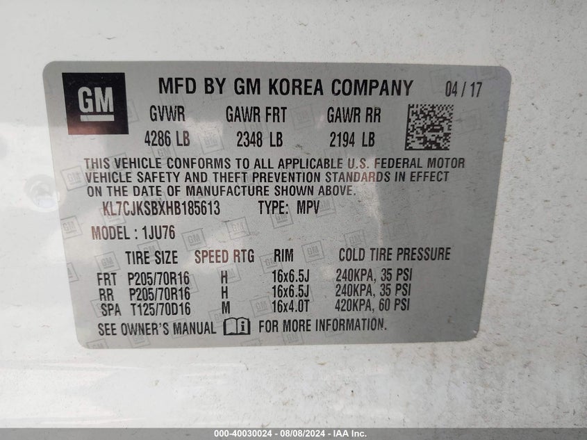 2017 CHEVROLET TRAX VIN: KL7CJKSBXHB185613