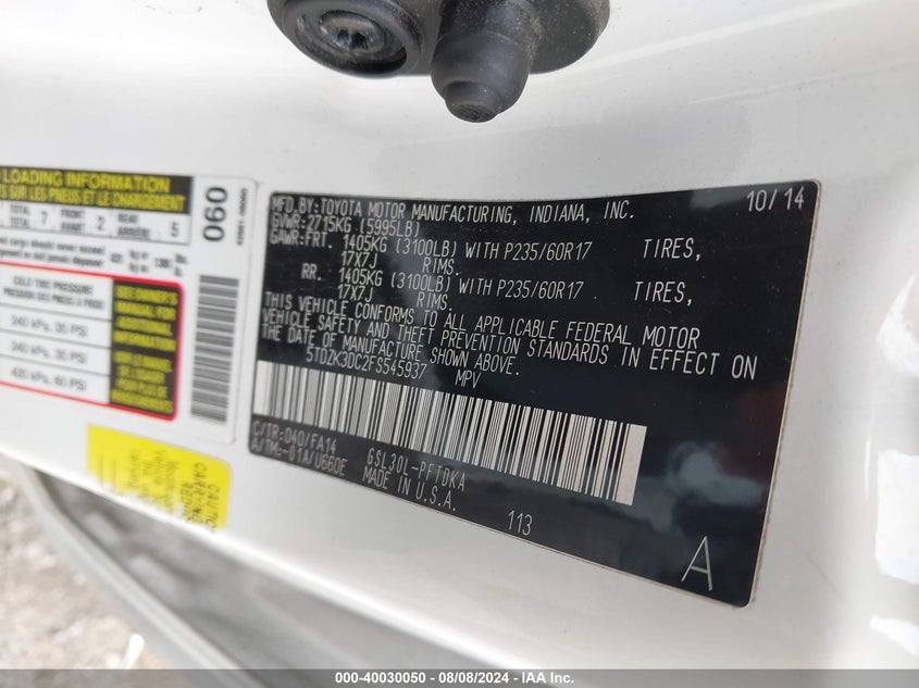 2015 Toyota Sienna VIN: 5TDZK3DC2FS545937 Lot: 40030050